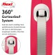 Eine Nahaufnahme einer pinken flexi ausziehbaren Hundeleine mit einem 360°-Seilsystem, mit Text, der ihr verwicklungsfreies Design erklärt.