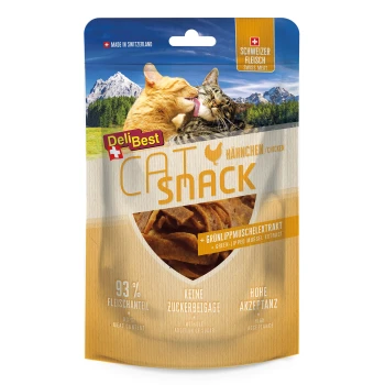 Emballage de friandises pour chats montrant un chat orange et gris avec des montagnes. Met en avant 93% de viande, sans sucre ajouté, et extrait de moules à lèvres vertes.