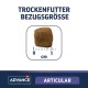 Trockenfutter-Kibble mit einer Größenreferenz von 1 cm, beschriftet mit 'TROCKENFUTTER BEZUGSGRÖSSE' und 'ARTICULAR' von Advance Veterinary Diets.