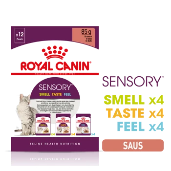 Royal Canin Sensory kattenvoer zakjes, 12 x 85g, met een kat en benadrukt zintuiglijke ervaringen: Geur, Smaak, Gevoel.