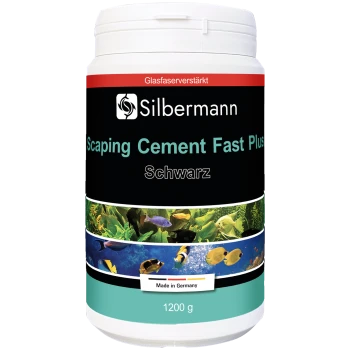 Behälter mit Silbermann Scaper's Cement Fast Plus in Schwarz, 1200 g, mit aquatischen Bildern auf dem Etikett.