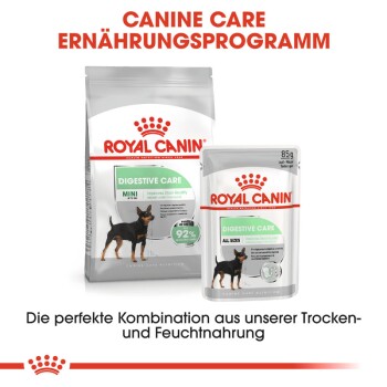 Royal Canin Digestive Care Verpackung mit einem "MINI" Trockenfutterbeutel und einem Nassfutterbeutel, der eine bessere Stuhlgüte fördert.