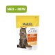 Eine Tüte MultiFit Katzenfutter mit der Bezeichnung 'CARE ANTI-HAIRBALL', die eine flauschige Katze auf der Vorderseite zeigt, mit einem grünen 'NEU - NEW'-Banner oben.