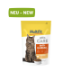 Eine Tüte MultiFit Katzenfutter mit der Bezeichnung 'CARE ANTI-HAIRBALL', die eine flauschige Katze auf der Vorderseite zeigt, mit einem grünen 'NEU - NEW'-Banner oben.