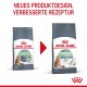 Bild von zwei Royal Canin Care Digestive Katzenfutterbeuteln mit neuem Design und verbesserter Rezeptur. Text: "NEUES PRODUKTDESIGN, VERBESSERTE REZEPTUR."