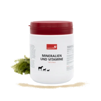 Weißer Behälter mit rotem Deckel, beschriftet mit "Mineralien und Vitamine 100% Natur" für Haustiere, zeigt Silhouetten von Pferd, Hund und Katze.