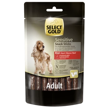 Select Gold Sensitive Snack Sticks für erwachsene Hunde mit empfindlichem Magen, Rindergeschmack, unterstützt Gelenke, getreidefreie Formel.