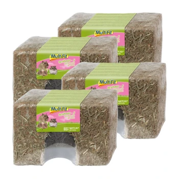 Vier Heublöcke für Kleintiere, mit der Aufschrift "Multifit HeuHaus - S", mit Bildern eines Meerschweinchens und eines Hamsters, mit einem Siegel "100% NATUR".