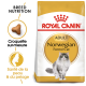 Sac de croquettes Royal Canin Adult Norwegian Forest Cat avec une illustration de chat gris, avec un texte mettant en avant la nutrition de la race et la santé de la peau et du pelage.