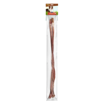 Zwei lange, kaubare Hundeleckerlis, verpackt in klarem Plastik, mit einem Header, der einen Hund zeigt und den Text "Natural" und "Rindfleischsticks" enthält.
