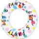Colorful polka dot plush dog toy ring with the text "LET'S PAWTY" printed around it.