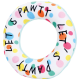 Colorful polka dot plush dog toy ring with the text "LET'S PAWTY" printed around it.