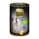 Dosen-Hundefutter mit der Aufschrift "SELECT GOLD Pure" mit Enten-Geschmack, mit einem Bild einer Siamkatze, getreidefreier Formel und dem Text "Erwachsene".