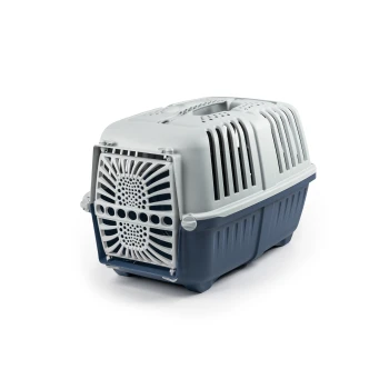 Transportbox für Haustiere in Grau und Marineblau, mit Belüftungslöchern und einer sicheren Tür, ideal für den Transport kleiner Haustiere.