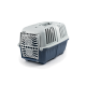 Transportbox für Haustiere in Grau und Marineblau, mit Belüftungslöchern und einer sicheren Tür, ideal für den Transport kleiner Haustiere.