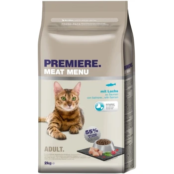 Eine Katzenfuttertüte, beschriftet mit "Premiere Meat Menu" mit Lachs, mit einer getigerten Katze, Nährwertangaben und einem Gewicht von 2 kg.
