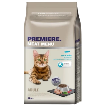 Sac de nourriture pour chats étiqueté "Menu Viande Première" avec du saumon, présentant un chat tigré, des détails nutritionnels et un poids de 2 kg.