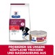 Hill's Prescription Diet Digestive Care Hundefutter: Trockenfutter "Mini i/d stress" Beutel und Nassfutterdose, mit einem schwarz-weißen Hund auf dem Etikett.