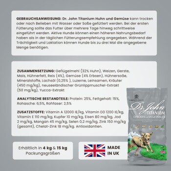 Dr. John Titanium Huhn mit Gemüse Haustierfutterverpackung, die Zutaten, Nährwertanalyse und Fütterungsanweisungen auf Deutsch enthält.