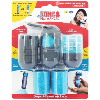 handipod mini starter kit KONG HandiPOD Mini Interchangeable Starter Kit featuring a flashlight pod, hand sanitizer pod, and 30 degradable pick-up bags.