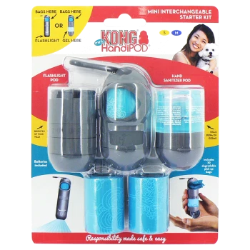 KONG HandiPOD Mini Interchangeable Starter Kit featuring a flashlight pod, hand sanitizer pod, and 30 degradable pick-up bags.