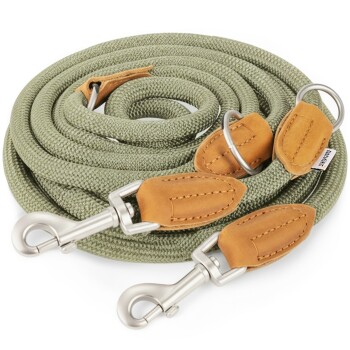 Eine grüne geflochtene Hundeleine mit Lederakzenten und Metallclips, ordentlich auf einem weißen Hintergrund aufgerollt.