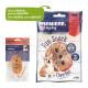 Dog chew snack packaging with a fun chew ball design and text stating "New DESIGN, same QUALITY" in multiple languages.