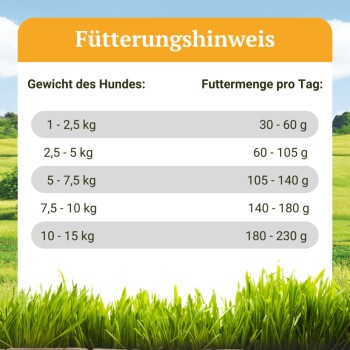 Fütterungshinweise für Hunde, die Gewichtsspannen (1-15 kg) und entsprechende tägliche Futtermengen (30-230 g) in Deutsch zeigen.
