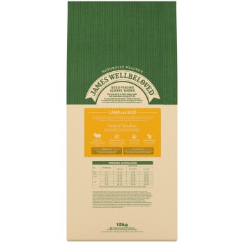 15kg bag of James Wellbeloved lamb and rice dog food, green top, beige bottom, with feeding guidelines and natural ingredients.
