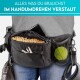 Eine Person mit einer schwarzen Bauchtasche, die Hundeleckerlis, ein Smartphone, Schlüssel und einen Tennisball enthält, mit dem Text darüber: "Alles was du brauchst."