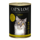 Eine Dose Cat's Love Katzenfutter für Erwachsene mit einem Nahaufnahme des Gesichts einer Katze auf dem Etikett, mit dem Hinweis, dass es Kalbfleisch und Truthahn enthält.