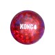 Balle KONG translucide rouge pour animal avec picots texturés et logo blanc «KONG», centre lumineux sur fond noir.