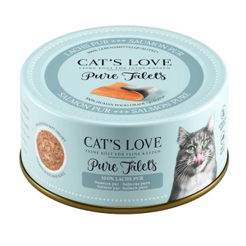 Cat's Love Pure Filets Katzenfutterdose, mit einer grauen Katze, die sich die Lippen leckt, mit dem Text "100% Lachs Pur" und "Lebensmittelqualität für Menschen."