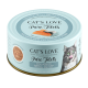 Boîte de nourriture pour chat Cat's Love Pure Filets, mettant en avant un chat gris se léchant les lèvres, avec un texte indiquant "100% Saumon Pur" et "Qualité Alimentaire Humaine."