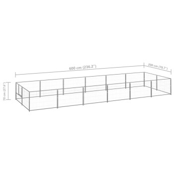 Ein großes, rechteckiges Metallhaustiergehege mit den Maßen: 600 cm (236,2") lang, 200 cm (78,7") breit und 70 cm (27,6") hoch.