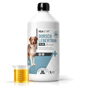Flasche REAVET Dorschlebertran plus Lachsöl für Hunde, 1 Liter, mit einem Hund auf dem Etikett und Text über die Vitamine D & A.