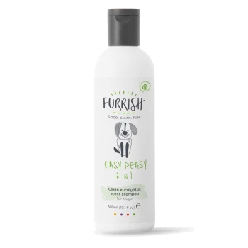 White bottle of Furrish Easy Peasy 2-in-1 dog shampoo, clean eucalyptus scent, black cap, dog illustration.