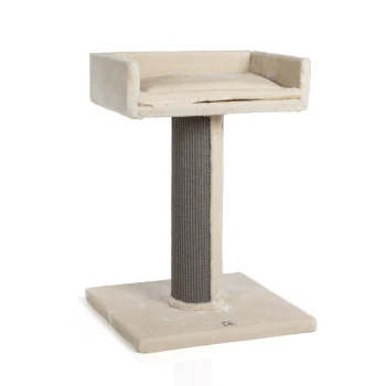 Kratzbaum Residenz beige Katzenbaum mit einer weichen, beigen Plattform und einem strukturierten Kratzbaum, entworfen für den Komfort und das Spiel von Haustieren.
