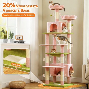 Rosa mehrstöckiger Kratzbaum mit fünf Katzen, grünen Plattformen und Sisalstämmen; sichtbarer Text: '20% vergrößert & verdickte Basis'.