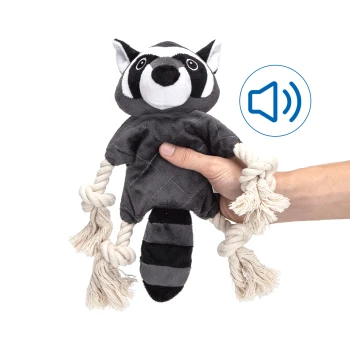 Eine Hand hält ein plüschiges Waschbärspielzeug mit Seilarmen, das ein Geräuschsymbol in der Ecke zeigt, das anzeigt, dass es Geräusche macht.