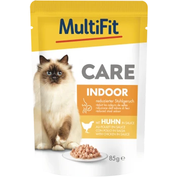 MultiFit CARE INDOOR Katzenfutter-Beutel mit langhaariger Katze und Teller mit Hähnchen in Soße; Text 'verminderter Kotgeruch', 85 g