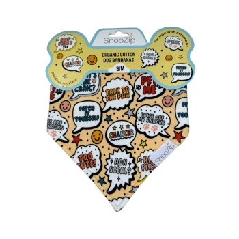 SnooZip organic cotton dog bandana S/M with comic speech-bubbles saying "Talk to the paw" and "Fetch it yourself"
