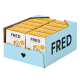 Eine Ausstellungsbox mit FRED-Hundefutter, mit gelber Verpackung, die "FRED" und "JUNIOR" beschriftet ist, mit einer Cartoon-Hund-Illustration.
