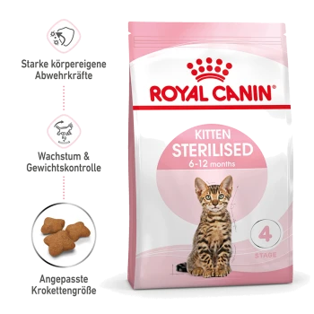 Royal Canin Kitten Sterilised Trockenfutterbeutel mit einer Bengal-Kitten-Illustration, die Vorteile für Kätzchen von 6-12 Monaten bewirbt.