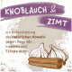 Etikett für ein Haustierprodukt mit Knoblauch und Zimt, das natürlichen Schutz gegen fliegende Insekten und Ektoparasiten fördert.