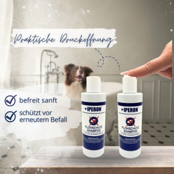Iperon Flohschutz-Shampoo-Flaschen, Finger drückt Verschluss, unscharfer Hund in der Badewanne, deutscher Text 'Praktische Drucköffnung'.