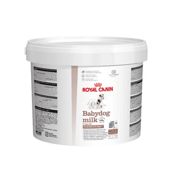 Royal Canin Babydog-Milchformel für Welpen, mit einem weißen Behälter mit rotem Logo, Nährwertinformationen und Fütterungshinweisen.