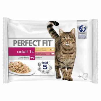 Perfect Adult 1+ 4x85g Rind mit Huhn Eine Verpackung von Perfect Fit Katzenfutter für erwachsene Katzen, mit einer getigerten Katze und einer Schüssel mit Nassfutter, beschriftet mit "adult 1+" und "insgesamt 5" Vorteilen.