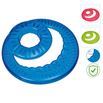 Blaues, kreisförmiges Haustierspielzeug mit spiralförmigem Design und strukturiertem Oberflächen, zusammen mit roten und grünen Farboptionen präsentiert.