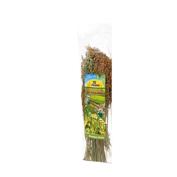 Getrocknete natürliche Haustierleckerlis von JR FARM, mit verschiedenen Gräsern und Samen, beschriftet mit "Ein Stück Natur" und "Sommer-Ernte."